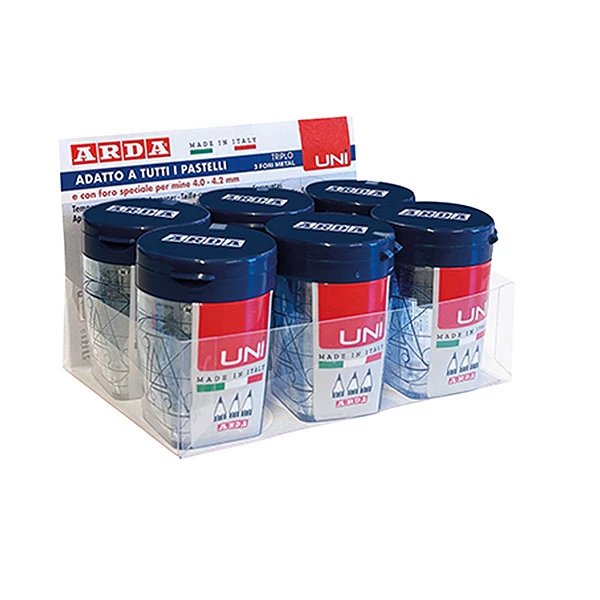 Temperamatite Triplo UNI - 3 fori - c/contenitore - nero e trasparente - Arda