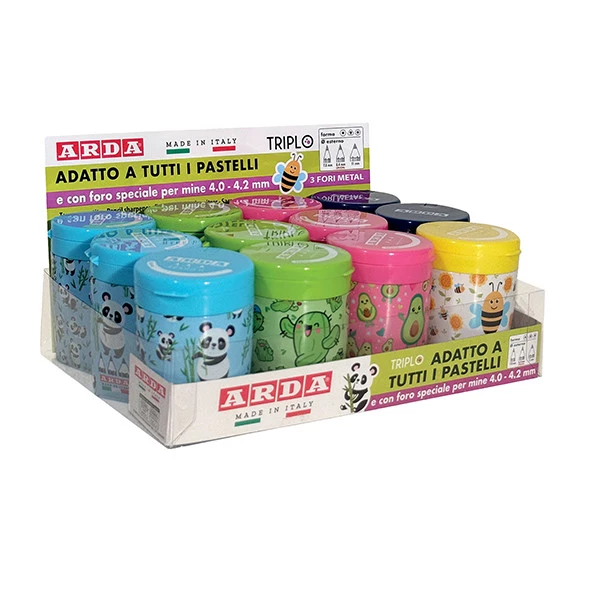 Temperamatite Fancy - 3 fori - c/contenitore - colori e fantasie assortiti - Arda