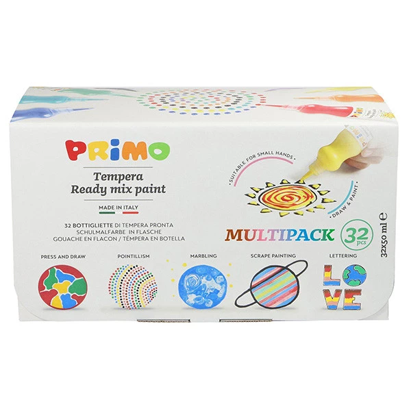 Tempera base d'acqua - 50 ml - colori assortiti - Primo - box 32 pezzi