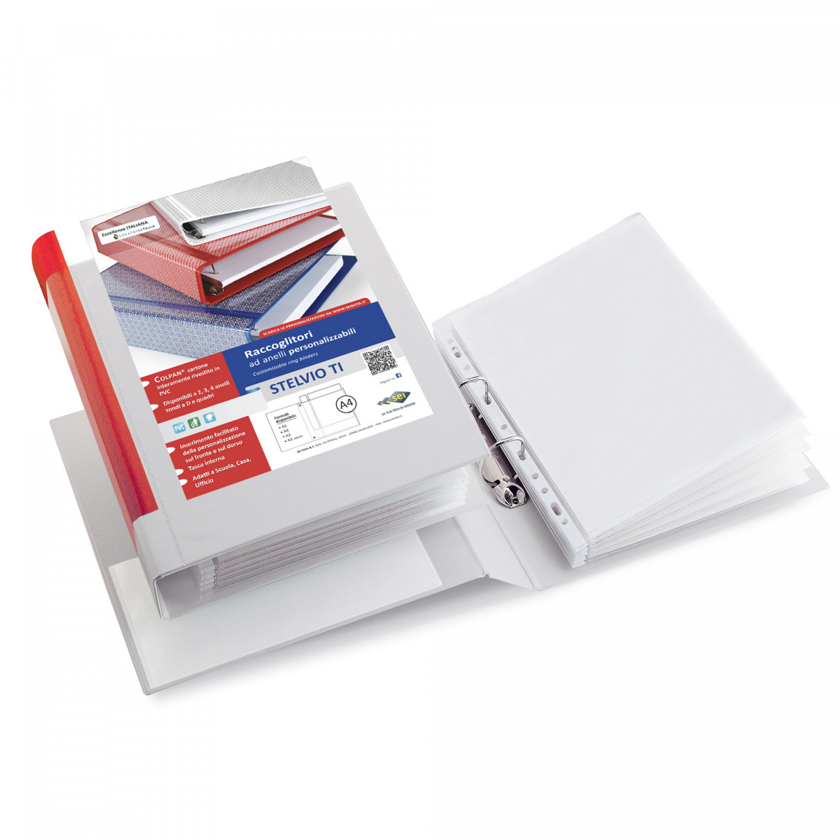 Raccoglitore personalizzabile Stelvio TI - 22 x 30 cm - 2 anelli a D 25 mm - dorso 4 cm - bianco - Sei Rota