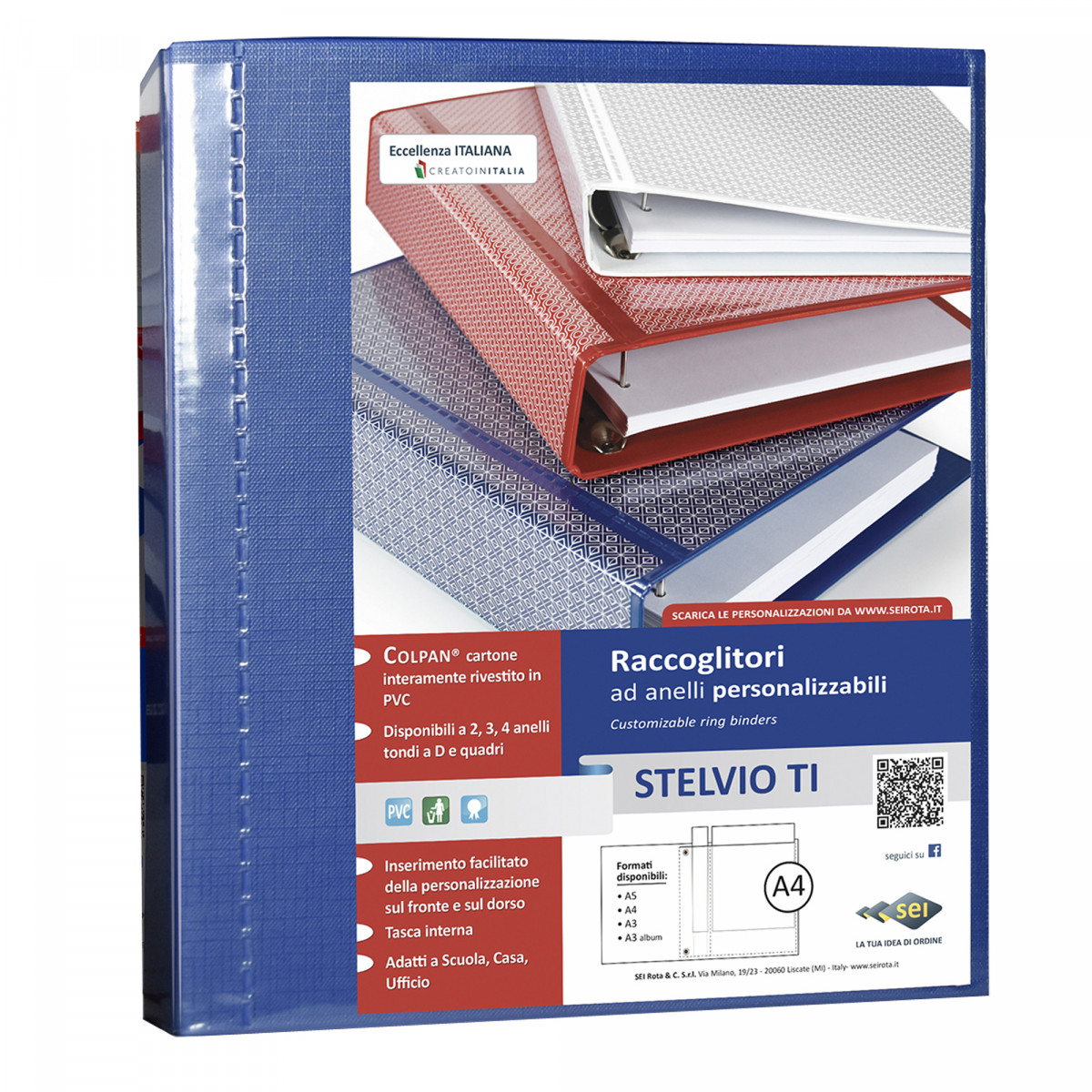 Raccoglitore personalizzabile Stelvio TI - 22 x 30 cm - 4 anelli a D 30 mm - dorso 4 cm - blu - Sei Rota
