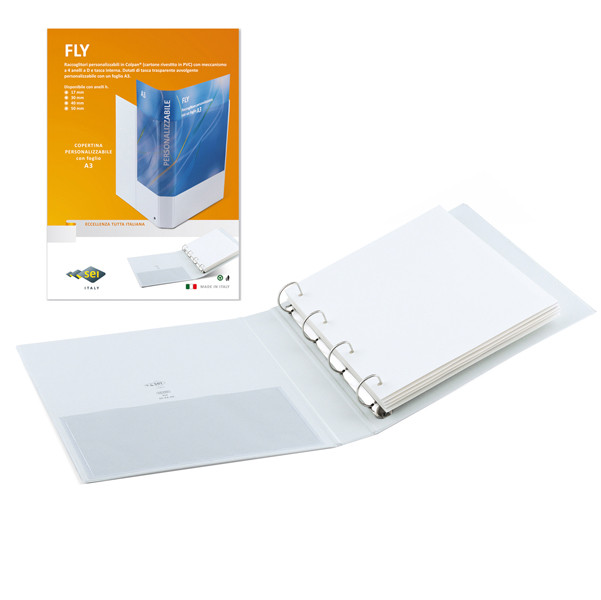 Raccoglitore personalizzabile Fly - 22 x 30 cm - 4 anelli a D 30 mm - dorso 4 cm - bianco - Sei Rota