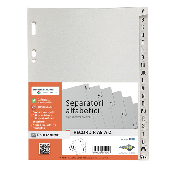 Separatore alfabetico A/Z Record R - PP - 15x21 cm - A5 - grigio - Sei Rota