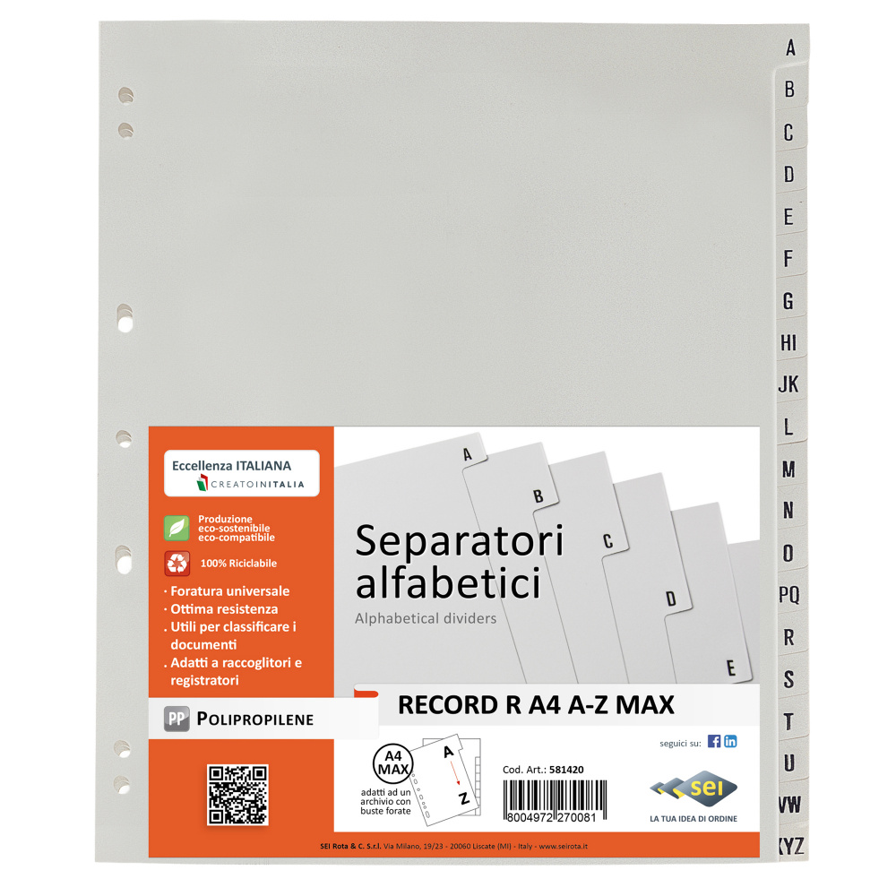 Separatore alfabetico A/Z Record R - PPL - 21 x 29,7 cm - A4 - grigio - Sei Rota