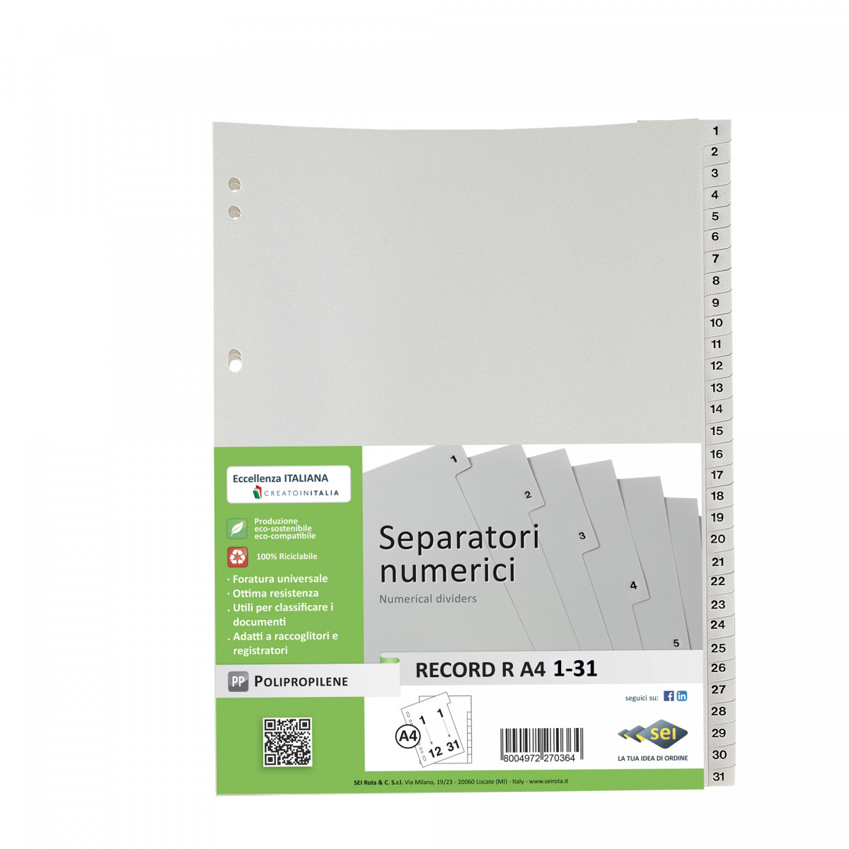Separatore numerico 1/31 Record R - PP - 21 x 29,7 cm - A4 - grigio - Sei Rota