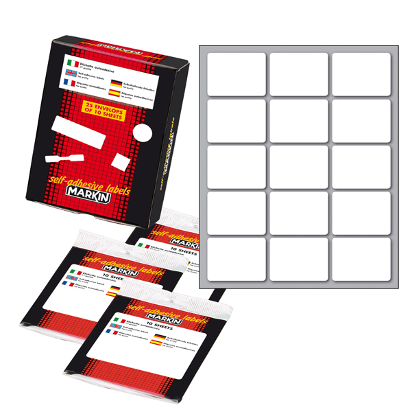 Etichetta adesiva - permanente - rettangolare - 37x27 mm - 15 etichette per foglio - 10 fogli per busta - bianco - Markin