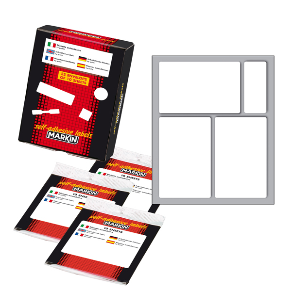 Etichetta adesiva - permanente - rettangolare - 83x53 mm - 3 etichette per foglio - 10 fogli per busta - bianco - Markin