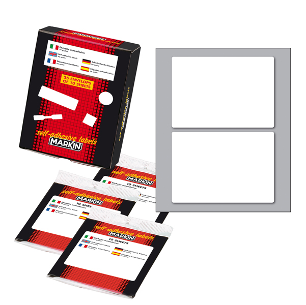 Etichetta adesiva - permanente - rettangolare - 95x66 mm - 2 etichette per foglio - 10 fogli per busta - bianco - Markin