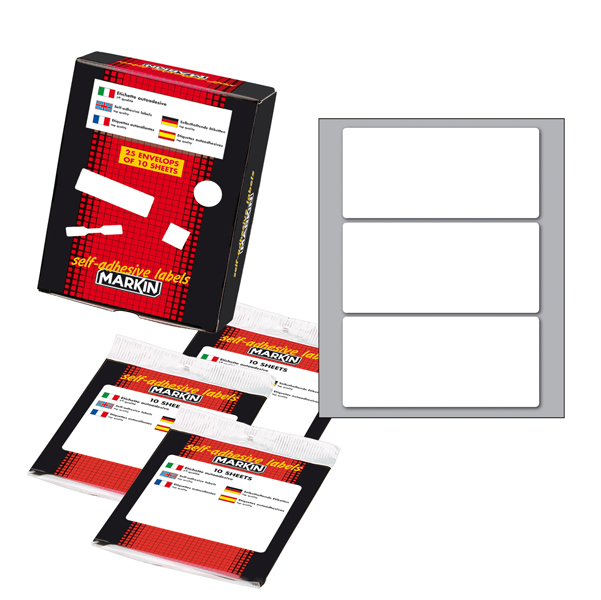 Etichetta adesiva - permanente - rettangolare - 100x46 mm - 3 etichette per foglio - 10 fogli per busta - bianco - Markin