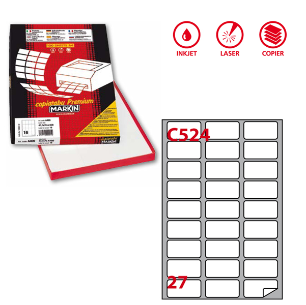 Etichetta adesiva C524 - permanente - c/angoli arrotondati - 56x28 mm - 27 etichette per foglio - bianco - Markin - scatola 100 fogli A4