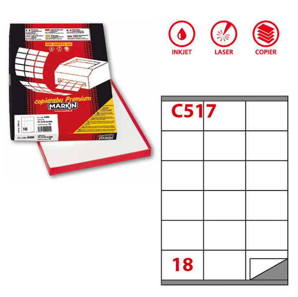 Etichetta adesiva C517 - permanente - 70x48 mm - 18 etichette per foglio - bianco - Markin - scatola 100 fogli A4