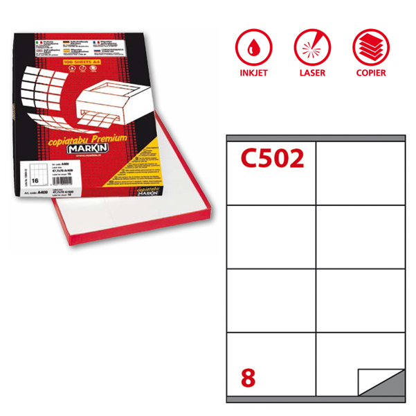Etichetta adesiva C502 - permanente - 105x72 mm - 8 etichette per foglio - bianco - Markin - scatola 100 fogli A4