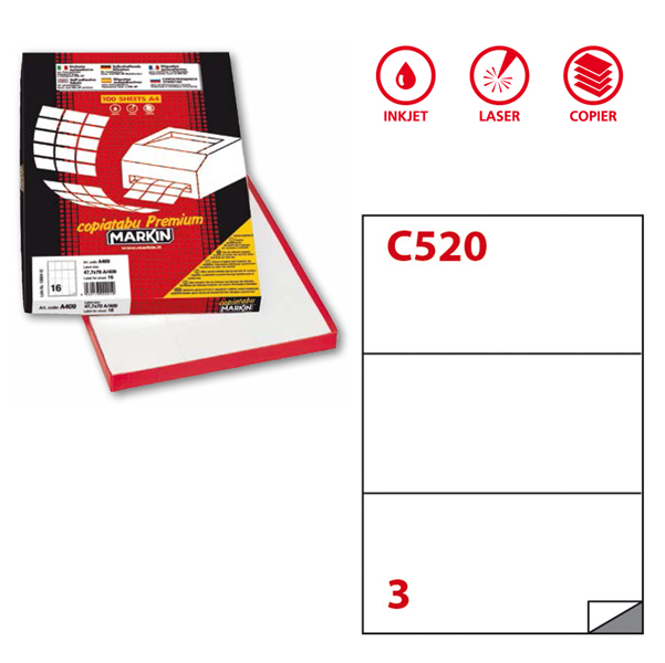 Etichetta adesiva C520 - permanente - 210x99 mm - 3 etichette per foglio - bianco - Markin - scatola 100 fogli A4