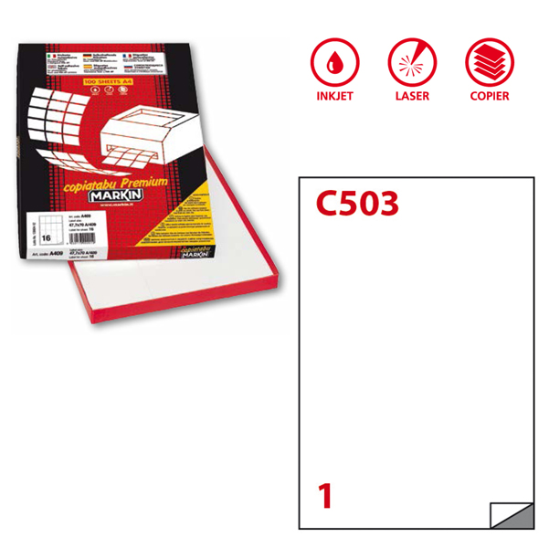 Etichetta adesiva C503 - permanente - 210x297 mm - 1 etichetta per foglio - bianco - Markin - scatola 100 fogli A4