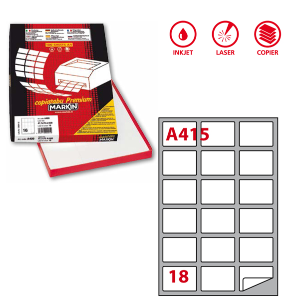 Etichetta adesiva A415 - permanente - 63,5x46,6 mm - 18 etichette per foglio - bianco - Markin - scatola 100 fogli A4