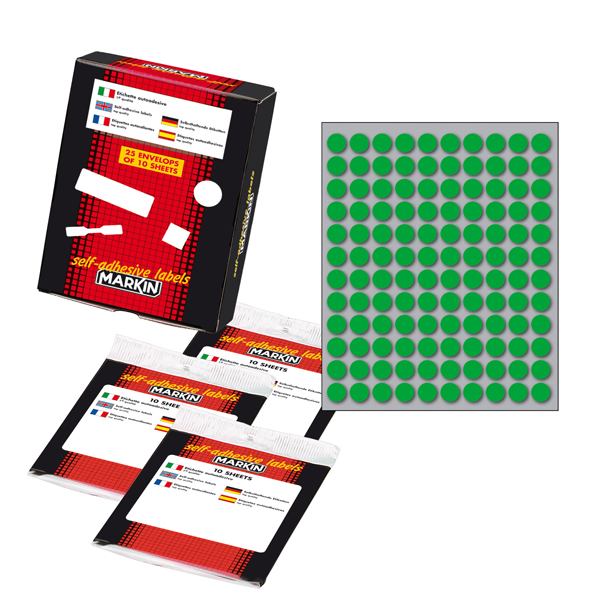 Etichetta adesiva - permanente - tonda D 10 mm - 120 etichette per foglio - 10 fogli per busta - verde - Markin