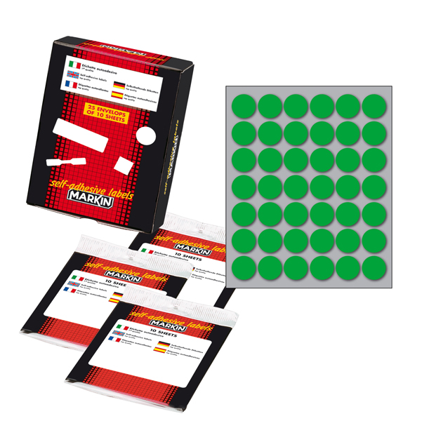 Etichetta adesiva - permanente - tonda D 18 mm - 42 etichette per foglio - 10 fogli per busta - verde - Markin