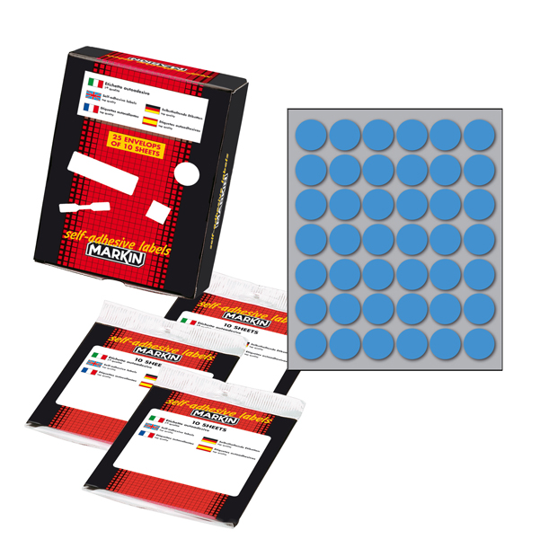 Etichetta adesiva - permanente - tonda D 18 mm - 42 etichette per foglio - 10 fogli per busta - blu - Markin