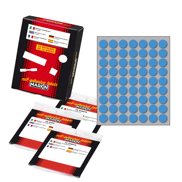 Etichetta adesiva - permanente - tonda D 14 mm - 63 etichette per foglio - 10 fogli per busta - blu - Markin