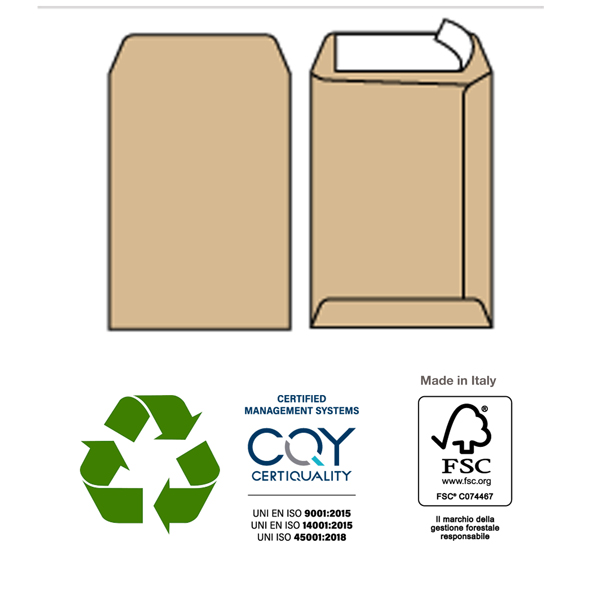 Busta sacco MULTI STRIP - avana - carta riciclata FSC  - strip adesivo - 230 x 330 mm - 100 gr - Pigna - conf. 500 pezzi