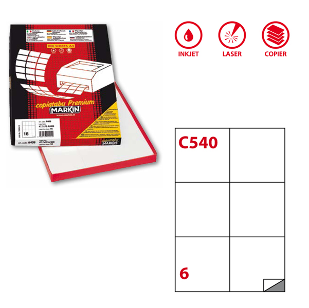 Etichetta adesiva C540 - permanente - 105x99 mm - 6 etichette per foglio - bianco - Markin - scatola 100 fogli A4
