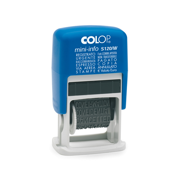 Timbro Mini Info S120/W Polinomio - 12 diciture 4 mm - autoinchiostrante - Colop