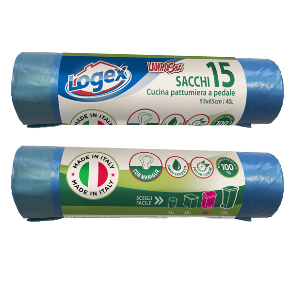 Sacchi per immondizia con maniglie - 53 x 65 cm - 40 L - 25 micron - blu - Logex Professional - rotolo da 15 sacchetti