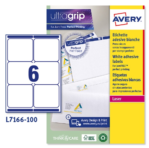 Etichetta adesiva L7166 - permanente - 99,1x93,1 mm - 6 etichette per foglio - bianco - Avery - conf. 100 fogli A4