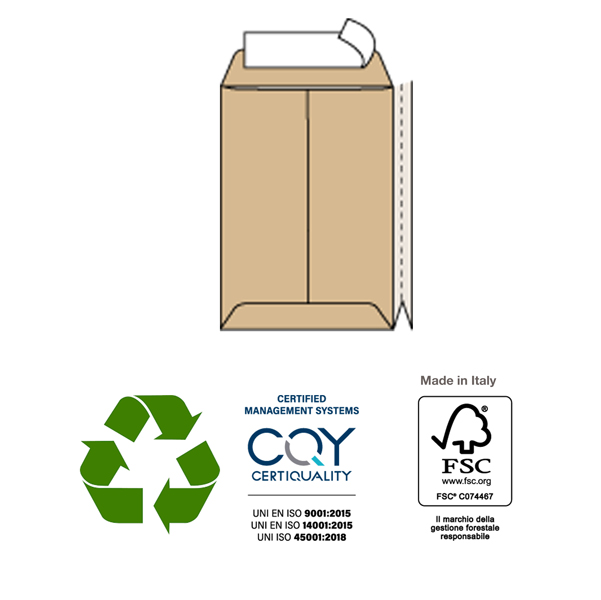 Busta sacco MULTI STRIP LARGE - avana - carta riciclata FSC - soffietti laterali - strip adesivo - 230 x 330 x 40 mm - 100 gr - Pigna - conf. 250 pezzi