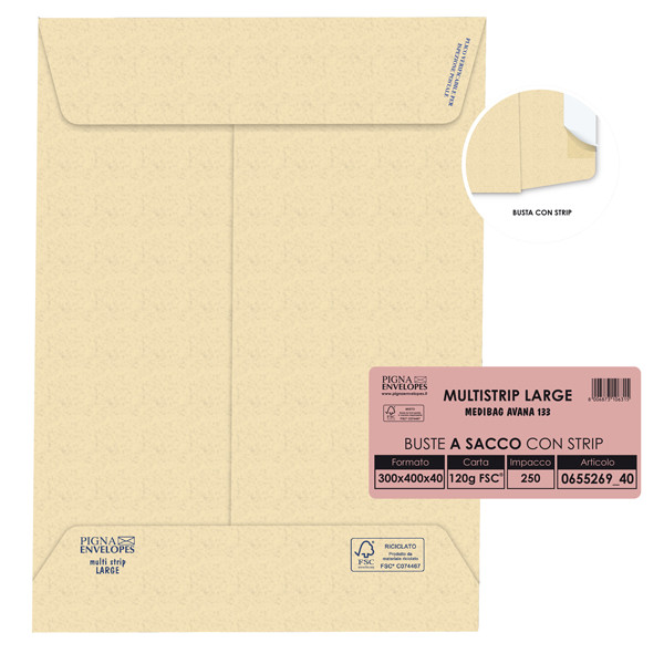 Busta a sacco Multi Strip Large - soffietti laterali - strip adesivo - 30 x 40 x 4 cm - 120 gr - carta riciclata FSC - avana - Pigna Envelopes - conf. 250 pezzi