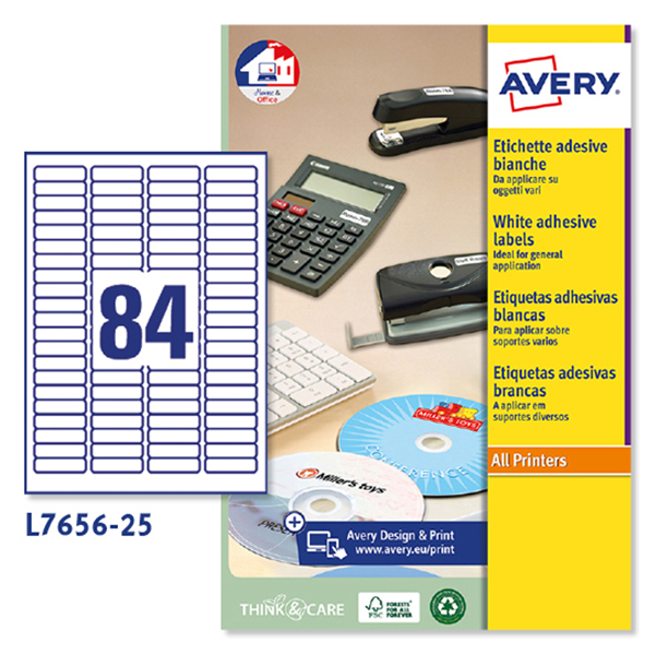Etichette adesive L7656 - bianche - A4 - 46 x 11,1mm (84et/fg) - inkjet/laser - Avery - conf. 25fg