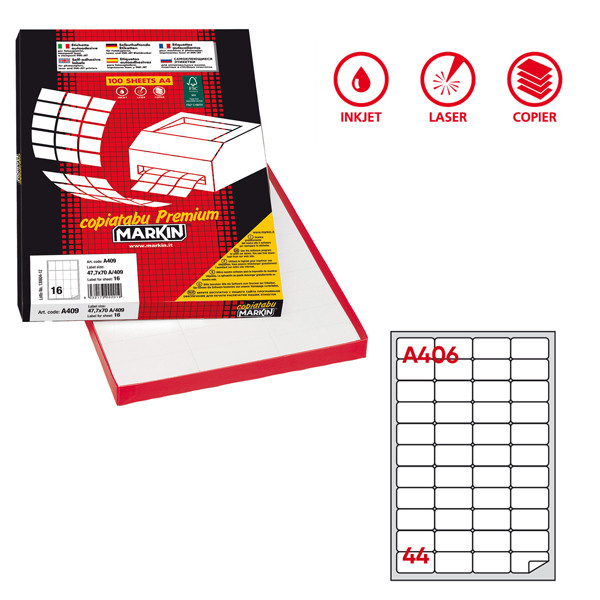 Etichette adesive A/406 - in carta - permanenti - 47,5 x 25,5 mm - 44 et/fg - 100 fogli - bianco - angoli tondi - Markin