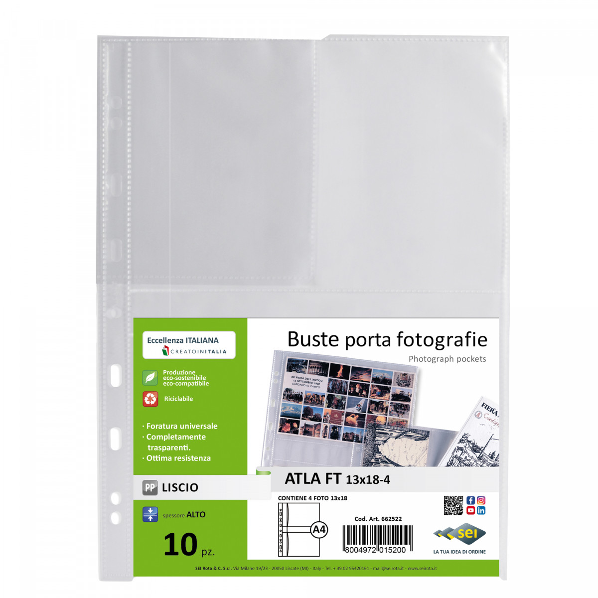 Buste forate Atla FT porta foto e cartoline - 4 spazi 13 x 18 cm - trasparente - Sei Rota - conf. 10 pezzi