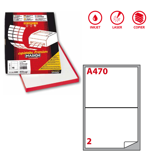 Etichetta adesiva A470 - permanente - 199,6x143,5 mm - 2 etichette per foglio - bianco - Markin - scatola 100 fogli A4