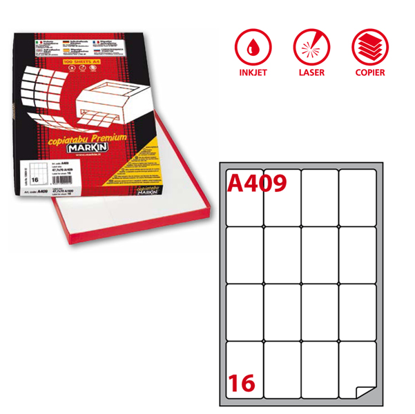 Etichetta adesiva A409 - permanente - 47,7x70 mm - 16 etichette per foglio - bainco - Markin - scatola 100 fogli A4
