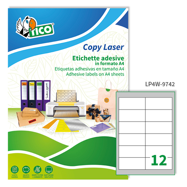 Etichetta adesiva Copy Laser LP4W - permanente - 97x42,3 mm - 12 etichette per foglio - bianco - Tico - conf. 100 fogli A4