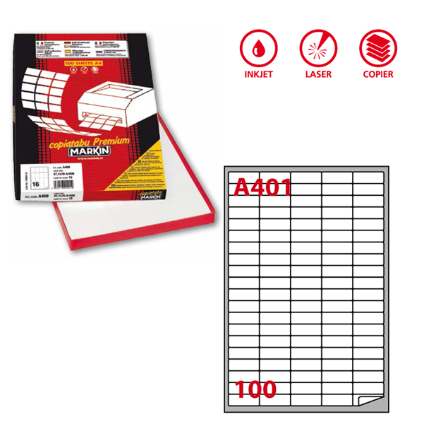Etichetta adesiva A401 - permanente - 37x14 mm - 100 etichette per foglio - bianco - Markin - scatola 100 fogli A4