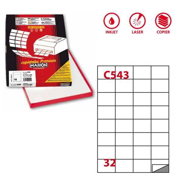 Etichetta adesiva C543 - permanente - 52,5x37 mm - 32 etichette per foglio - bianco - Markin - scatola 100 fogli A4