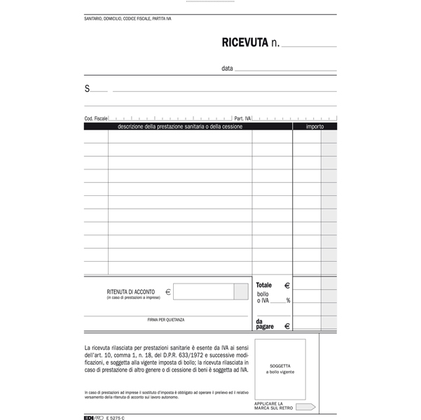 Blocco ricevute sanitarie numerate - 50/50 fogli autoricalcanti - 23 x 15cm - Edipro