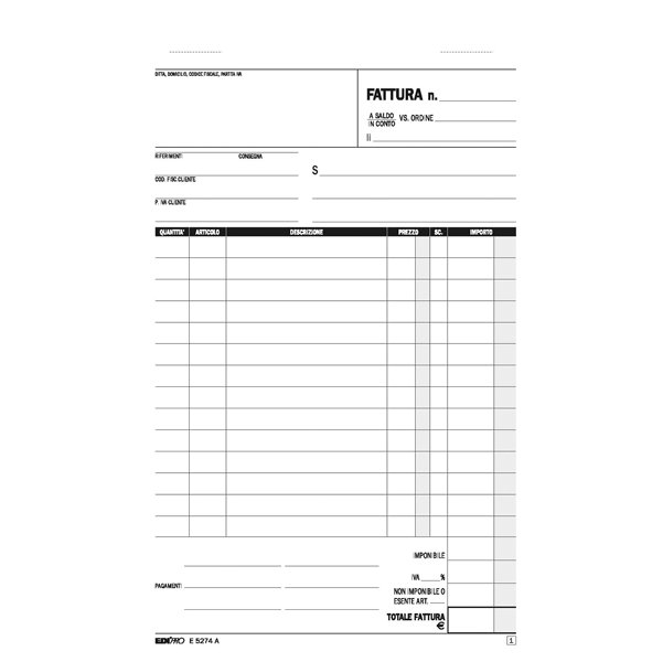 Blocco fatture 1 aliquota Iva - 50/50 fogli autoricalcanti - 23 x 15cm - Edipro