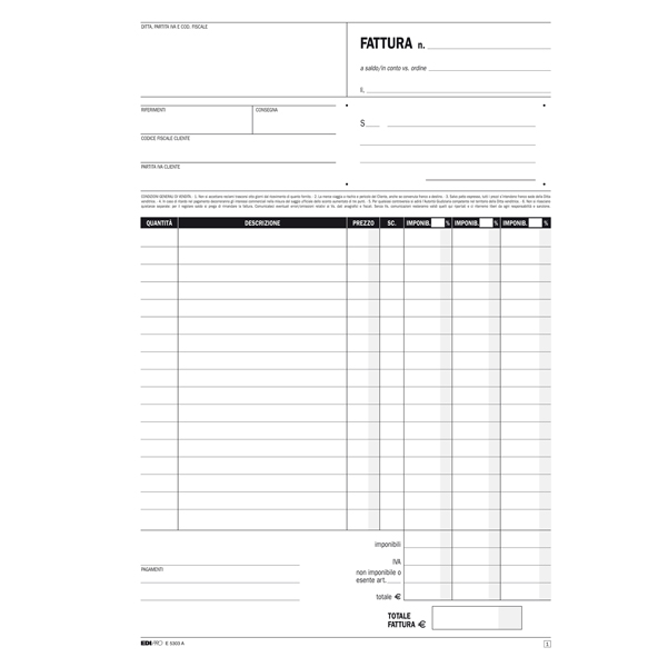 Blocco fatture 3 aliquota Iva - 50 fogli 2 copie autoricalcanti - 29,7 x 21cm - Edipro