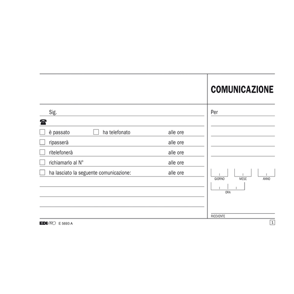 Blocco comunicazioni telefoniche - 50/50 fogli autoricalcanti - 9,9 x 17cm - Edipro