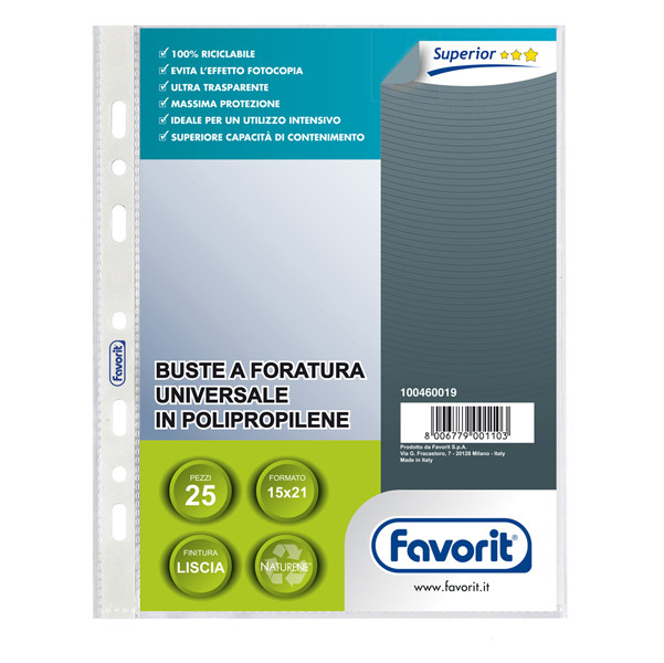 Buste forate Special PP - Superior - liscio - 15 x 21 cm - trasparente - Favorit - conf. 25 pezzi
