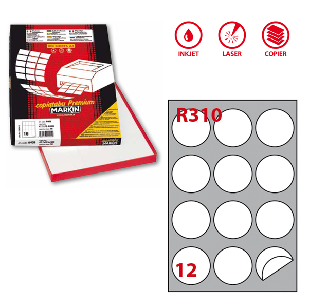 Etichetta adesiva R310 - permanente - tonda D 60 mm - 12 etichette per foglio - bianco - Markin - scatola 100 fogli A4