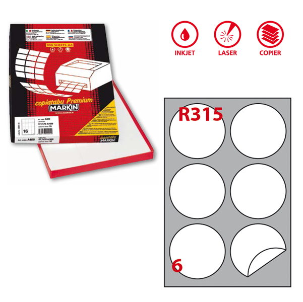 Etichetta adesiva R315 - permanente - tonda D 85 mm - 6 etichette per foglio - bianco - Markin - scatola 100 fogli A4