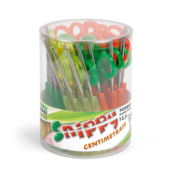 Forbici per mancini centimetrate - 13,5 cm - colori assortiti - Lebez - barattolo 24 pezzi