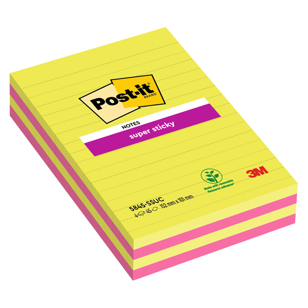 Blocco foglietti Post it  Super Sticky rettangolari - 845-4SUCC - a righe - 127 x 203 mm - colori Ultra - 45 fogli - Post it