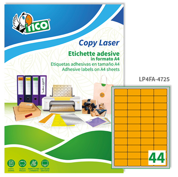 Etichetta adesiva LP4F - permanente - 47,5x25,5 mm - 44 etichette per foglio - arancio fluo - Tico - conf. 70 fogli A4