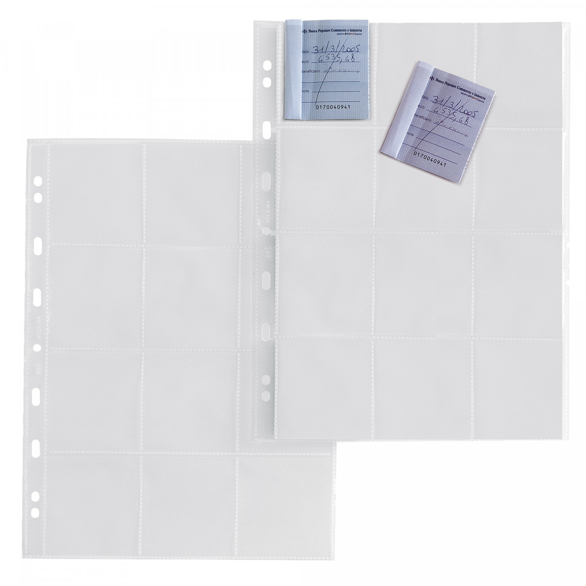 Buste forate Atla MA - 21 x 29,7 cm - PP - porta matrici assegni - 12 spazi 65 x 72mm  -  liscio - Sei Rota - conf. 10 pezzi