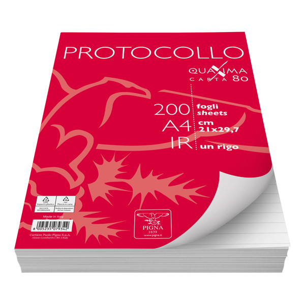 Fogli protocollo Quaxima - A4 - 1 rigo - 80 gr - Pigna - conf. 200 pezzi